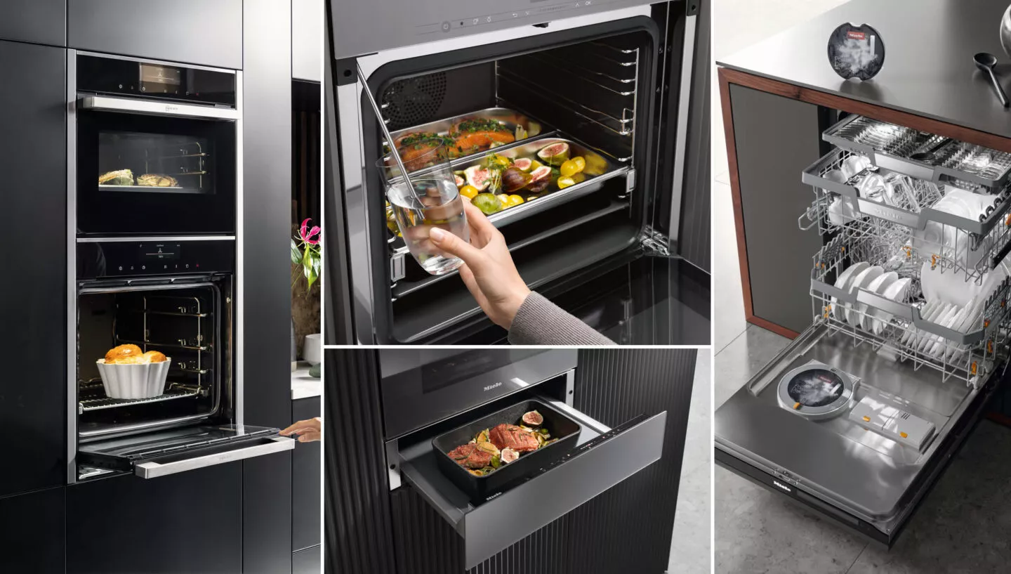 Auswahl an unterschiedlcihen kompakten Geräten für eine kleine Küche : Dampfbackofen, Backofenkombinationen, Wärmeschublade und schmaler Geschirrspüler.