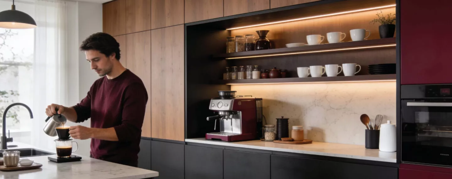 Mann bereitet Filterkaffee an einer hellen Kücheninsel in einer modernen Wohnküche mit schwarzen grifflosen Unterschränken, deckenhohen Holzfronten, beleuchteter Kaffeezone und Siebträgermaschine zu.