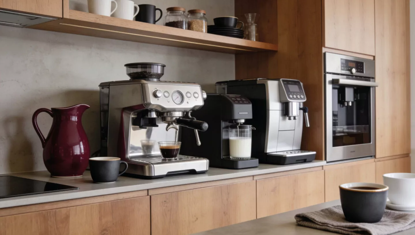 Mehrere Kaffeemaschinen, darunter Siebträger und Kaffeevollautomaten, stehen auf einer Arbeitsplatte vor offenen Holzregalen mit Tassen und Vorratsgläsern neben einem integrierten Einbaugerät.