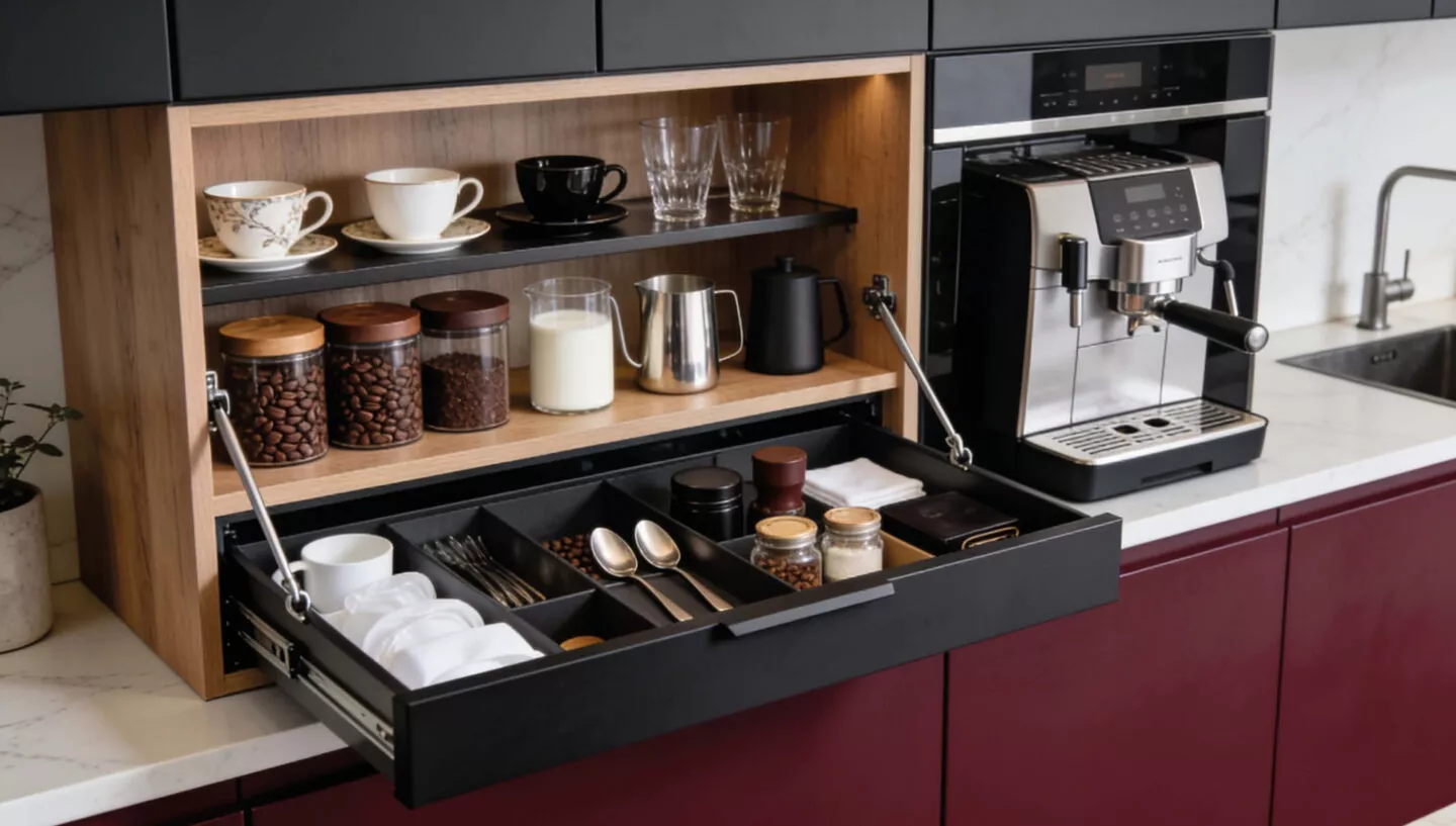Geöffneter Küchenauszug mit Besteck, Tassen und Kaffeezubehör unter einem offenen Holzschrank mit Kaffeebohnen, Milchkännchen und Geschirr; daneben steht ein Kaffeevollautomat auf der Arbeitsplatte.