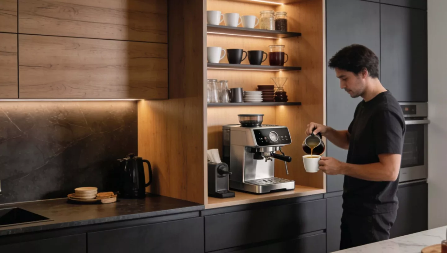 Mann gießt frisch gebrühten Kaffee in eine Tasse vor einer beleuchteten Kaffeezone mit Siebträgermaschine, offenen Holzregalen, Tassen und Vorratsgläsern in einer modernen Küche mit dunklen Möbeln.