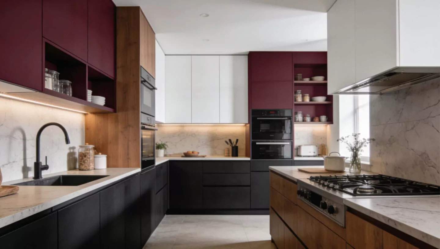 Moderne U-förmige Küche mit mattschwarzen Unterschränken, bordeauxroten und weißen Hochschränken, warmen Holzfronten, Arbeitsplatten in Marmoroptik, Einbaugeräten sowie Kochinsel mit Gaskochfeld und Edelstahl-Dunstabzug.