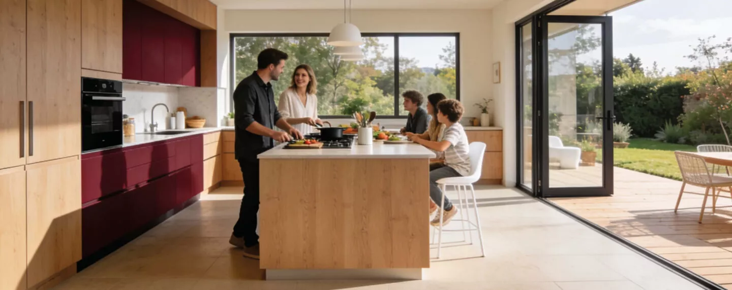 Familie kocht gemeinsam in einer offenen Wohnküche mit Kücheninsel, grifflosen burgunderroten Fronten, Holzmöbeln und großen Fensterflächen zum Garten – eine moderne Küchenplanung für gemeinsames Kochen und Wohnen.