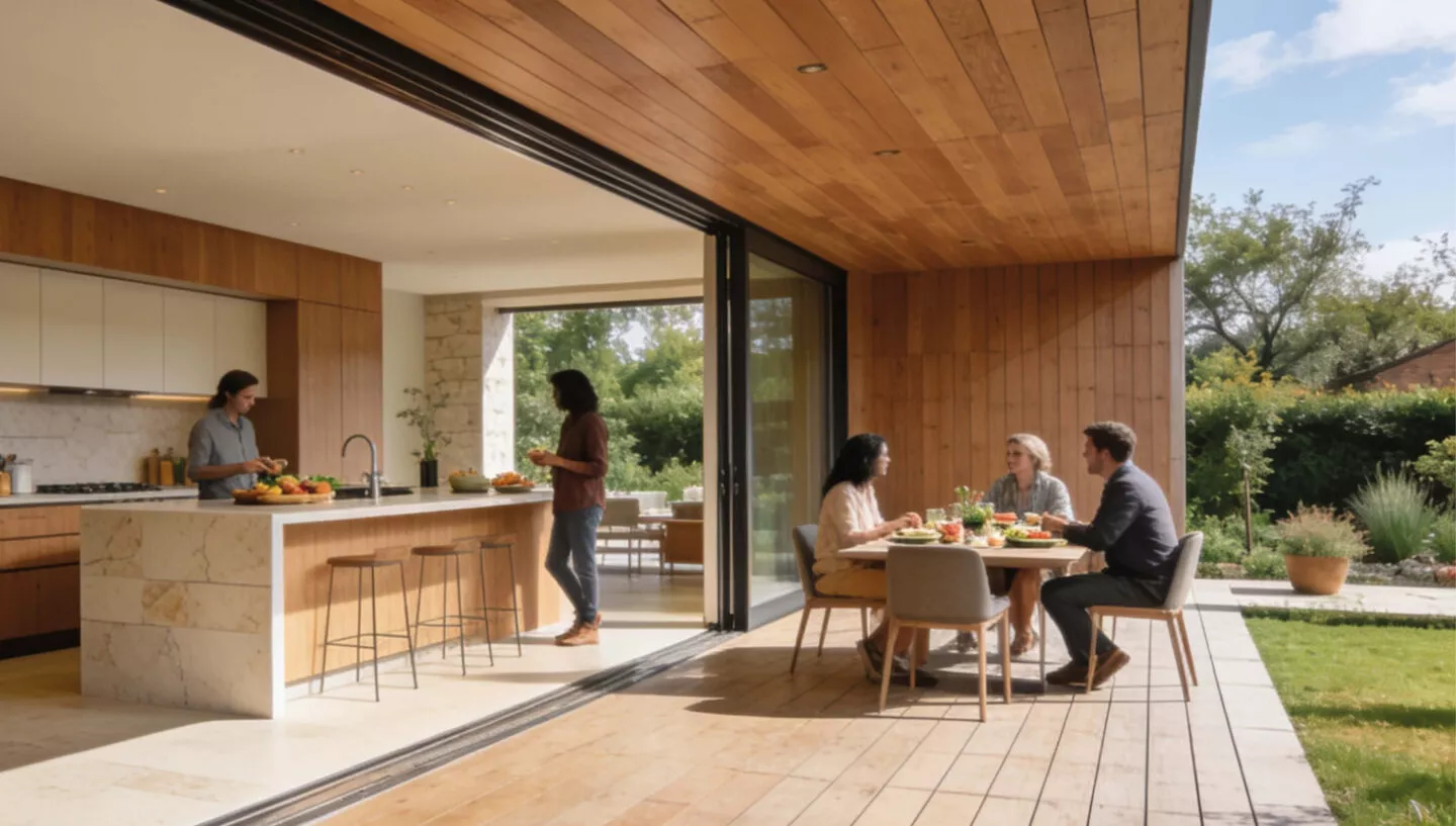 Offene Wohnküche mit Holzmöbeln, Naturstein-Kücheninsel und Barhockern geht durch eine breite Glasfront in die überdachte Terrasse über, auf der Gäste an einem gedeckten Esstisch im Garten sitzen.