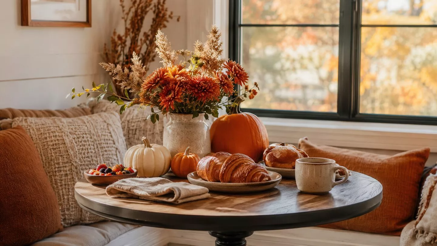 Herbstlich dekorierter Essplatz mit Kürbissen, warmen Textilien, Blumenarrangement und gedecktem Holztisch vor einem Fenster mit herbstlicher Aussicht.