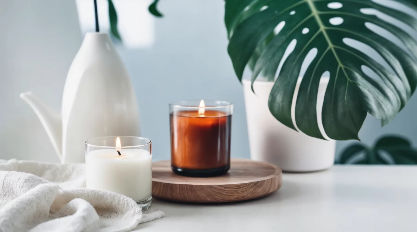 Zwei brennende Kerzen auf einem runden Holztablett neben einer großen Monstera-Pflanze und heller Textilie als stimmungsvolle Deko für mehr Herbstgemütlichkeit in der Küche.